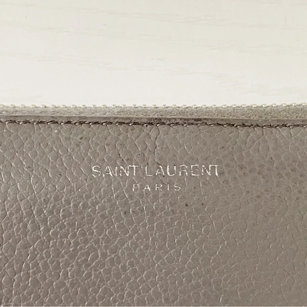 Saint Laurent gray leather YSL zipper long zip wallet